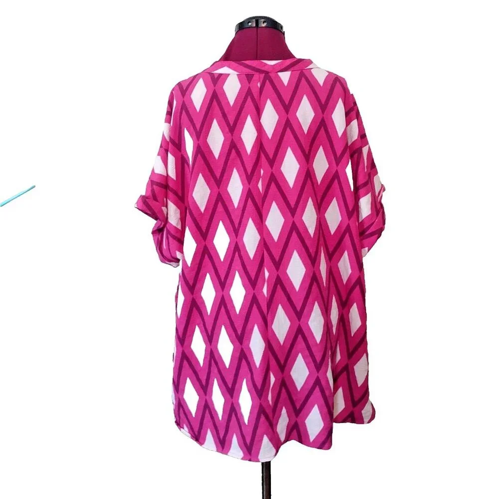 Alex & Parker Blouse 3XL Fuchsia Geo Print Top Women’s Shirt Pockets Plus Size - Picture 2 of 9